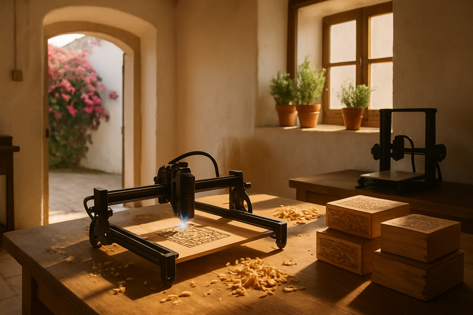 Feito com Luz Maker-Werkstatt — Laser Engraver auf Holzwerkbank mit gravierten Boxen, 3D-Drucker und Algarve-Sonnenlicht