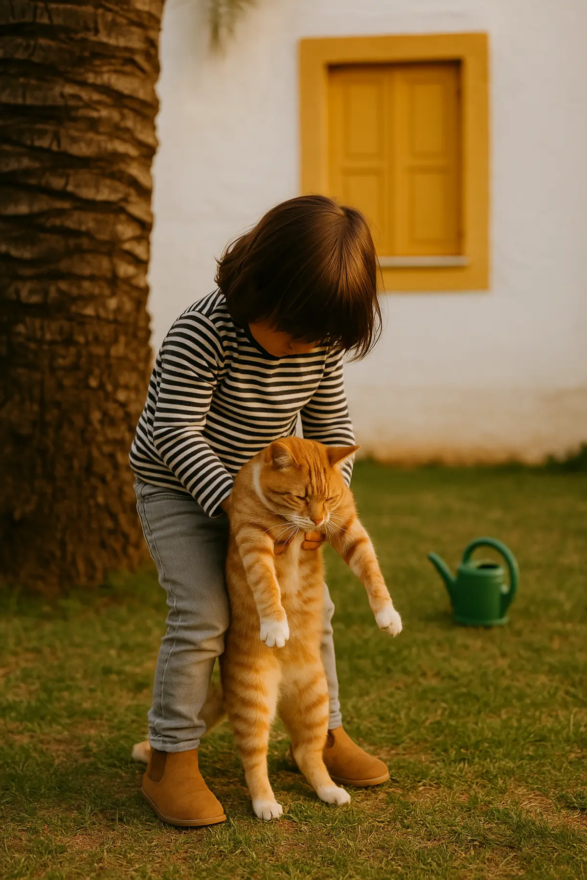 Kind mit dunkelbraunen Haaren hält eine orange-weiße Tabby-Katze im mediterranen Garten — Palmenstamm, weiße Hauswand mit gelbem Fensterladen, warmes Abendlicht in der Algarve